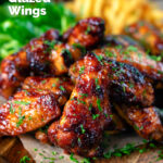 Honey and sriracha glazed chicken wings served with French fries, featuring a title overlay.