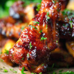 Close-up honey and sriracha glazed chicken wings.