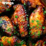 Overhead close-up honey and sriracha glazed chicken wings, featuring a title overlay.