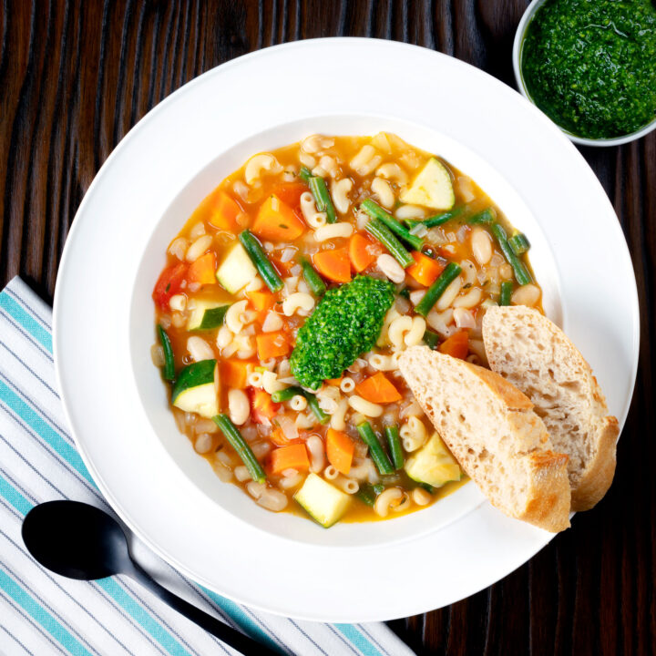 Soupe au pistou, French vegetable soup with beans, pasta and a basil puree.