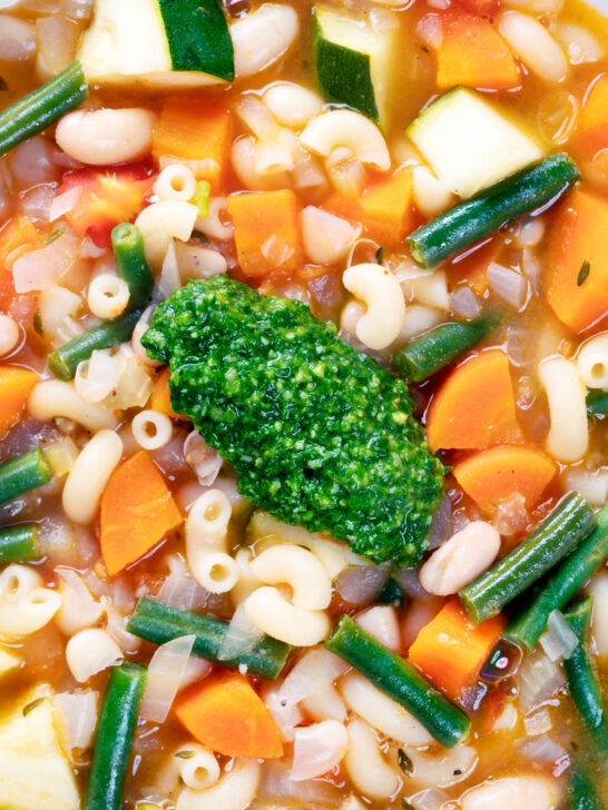 Overhead close-up French soupe au pistou veggie soup.