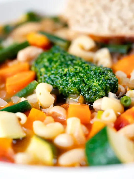 Close-up French soupe au pistou veggie soup.