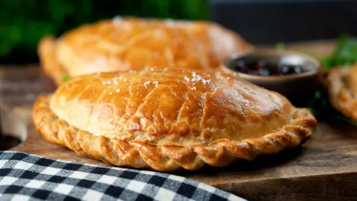 Traditional British Cornish pasty filled with beef, swede, potato and onion.