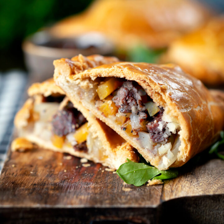 Traditional British Cornish pasty filled with beef, swede, potato and onion.