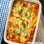 Overhead vegetarian cauliflower and ricotta stuffed and baked cannelloni, featuring a title overlay.