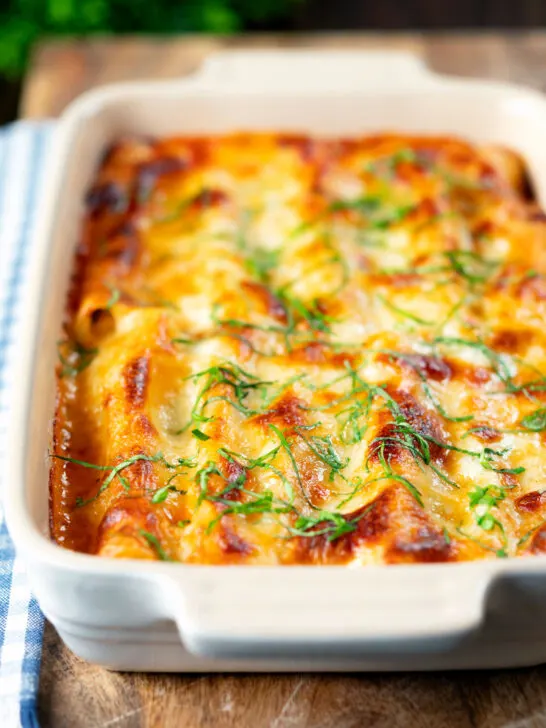 Vegetarian cauliflower and ricotta stuffed and baked cannelloni.