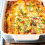 Vegetarian cauliflower and ricotta stuffed and baked cannelloni, featuring a title overlay.