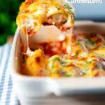 Close-up vegetarian cauliflower and ricotta cheese cannelloni being served from a baking dish, featuring a title overlay.