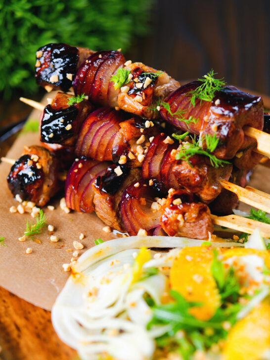 Marmalade glazed duck kebabs served with a fennel and orange salad.