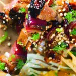 Overhead marmalade glazed duck skewers served with a fennel and orange salad.