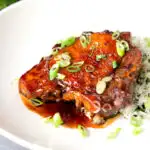 Filipino inspired adobo pork chops served with rice and spring onions.