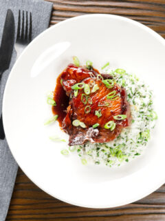 Overhead Filipino-inspired adobo pork chops served with rice and spring onions.