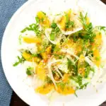 Overhead fennel and orange side salad with roasted almonds and rocket.