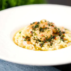 Spicy lemon and prawn risotto topped with saut&eacute;ed shrimp with parsley and chilli.