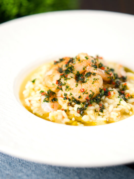 Lemon and prawn risotto with chilli and parsley.