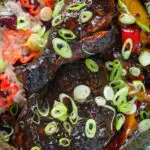 Close-up Overhead Jamaican brown stew chicken with spring onions, rice and peas.