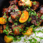 Close-up overhead pork belly curry with tamarind, black pepper and whole garlic cloves served with rice.