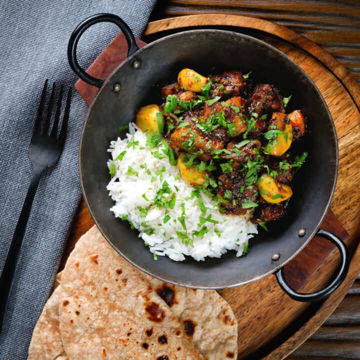 Sri Lankan influenced pork belly curry with tamarind, black pepper and while garlic cloves.