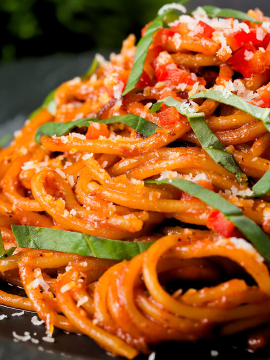 Close-up one-pot spicy fried spaghetti all assissina or bruciati.