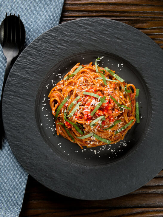 Overhead one-pot spicy fried spaghetti all assissina or bruciati.