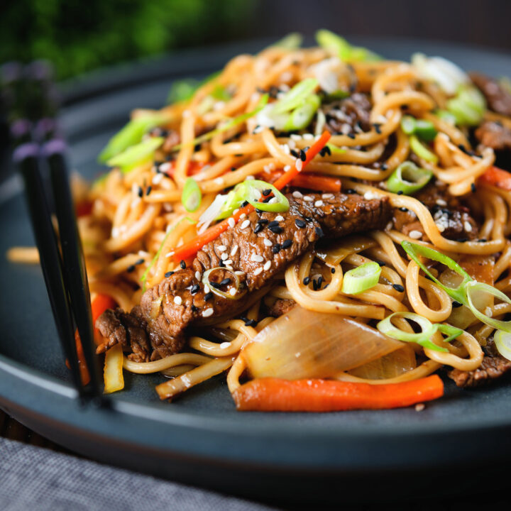 A spicy take on a Japanese beef yakisoba noodle stir fry.