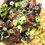 Close-up overhead teriyaki mushrooms stir fry served with egg fried rice and spring onions.