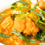 Close-up Thai vegetable curry soup with coconut milk.