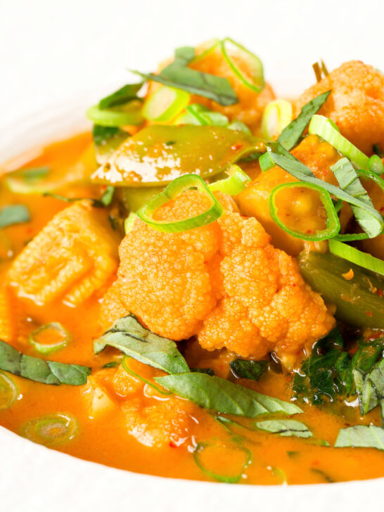 Close-up Thai vegetable curry soup with coconut milk.