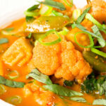 Close-up Thai vegetable curry soup with coconut milk.