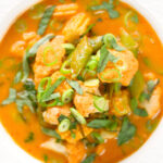 Close-up overhead Thai vegetable curry soup with coconut milk.