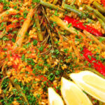 Overhead close-up mixed vegetable paella with fennel and artichokes (Vegan & Vegetarian).