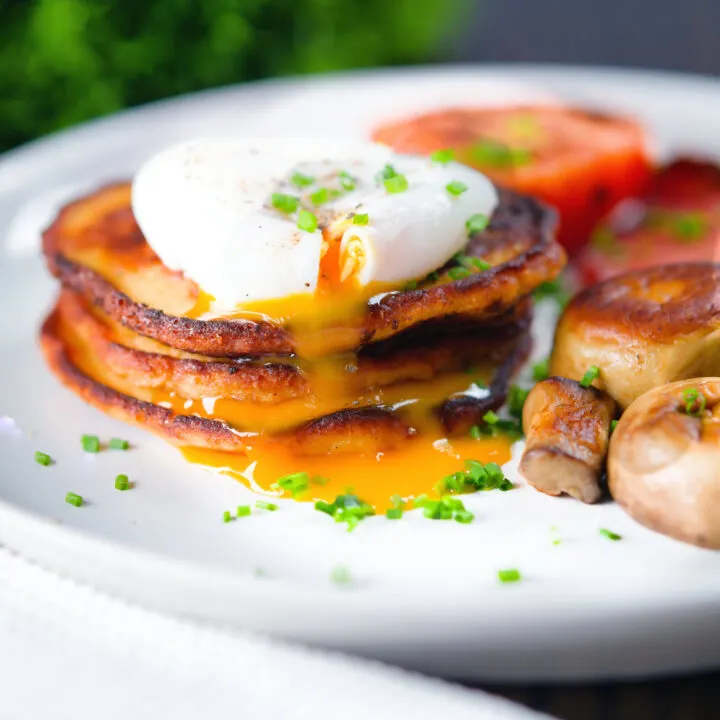 Irish boxty potato pancakes served with poached egg, grilled tomato and fried mushrooms.