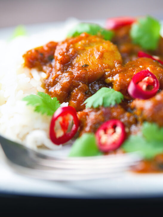 Close-up hot, sweet and sour Indian chicken pathia curry with rice and coriander.