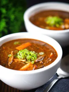 Vegetarian Chinese hot and sour soup with tofu, shiitake mushrooms and spring onions.