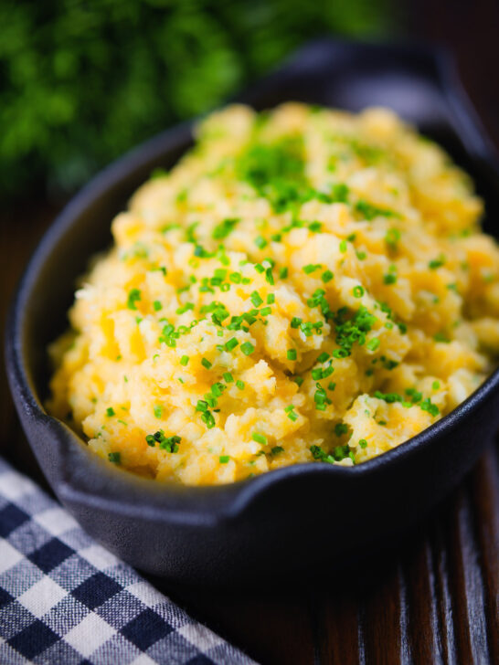 Clapshot, a Scottish buttery swede and potato mash with fresh chives.