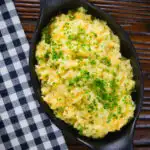 Overhead Scottish buttery swede and potato mash (clapshot) with fresh chives.