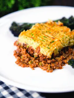 Haggis shepherds pie with clapshot (swede and potato mash) server with broccoli.