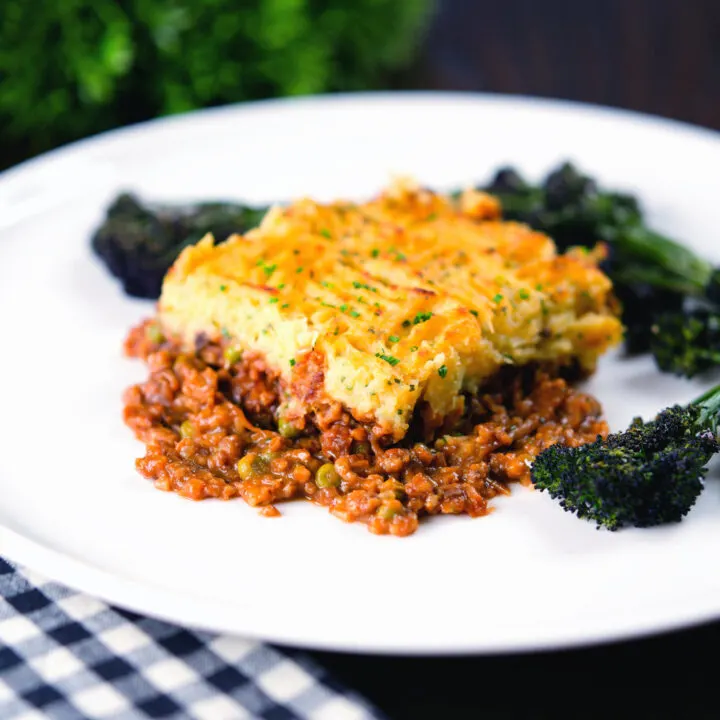 Baked haggis shepherds pie with a clapshot (swede and potato mash) served with roasted broccoli.