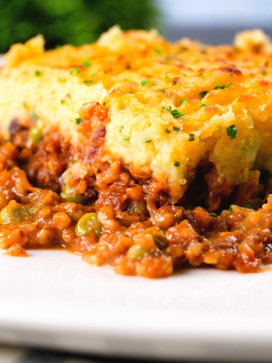 Close-up haggis shepherds pie with clapshot (swede and potato mash).