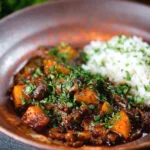Indian-influenced potato and oxtail curry served with rice.