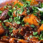 Close-up Indian potato and oxtail curry served with rice.