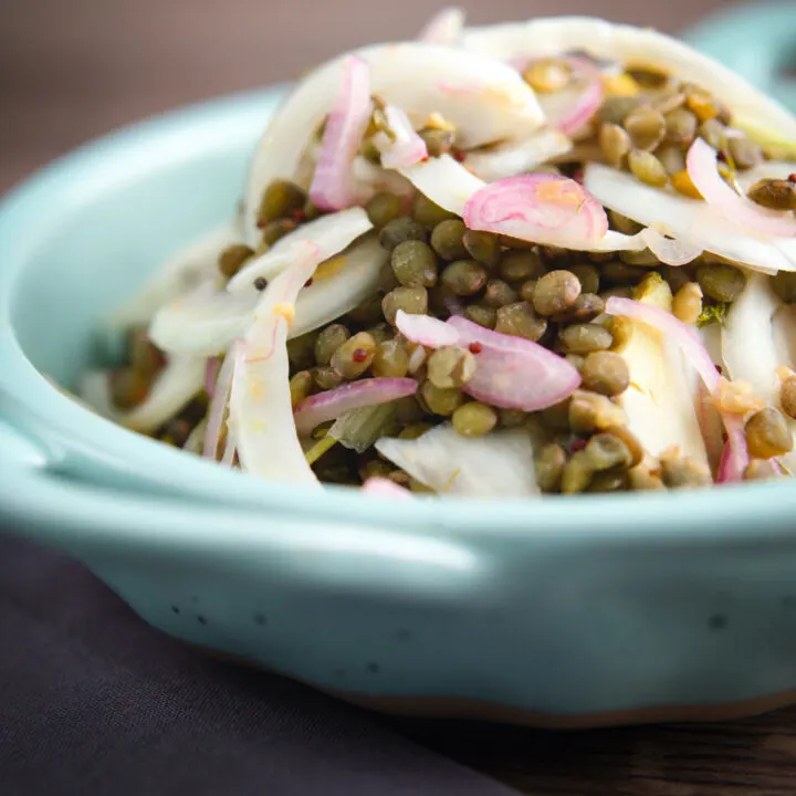 Quick pickled fennel salad with shallots and puy lentils.
