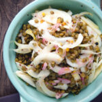 Overhead pickled fennel salad with shallots and puy lentils.