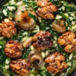 Close-up overhead mushroom and spinach risotto topped with brown butter cooked walnuts.