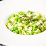 Creamy spring broad bean, pea and asparagus risotto.