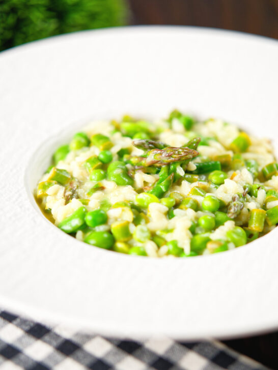 Creamy spring broad bean, pea and asparagus risotto.