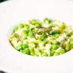 Creamy spring broad bean, pea and asparagus risotto.