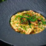 Creamy balsamic leek and mushroom risotto topped with seared leek rings.