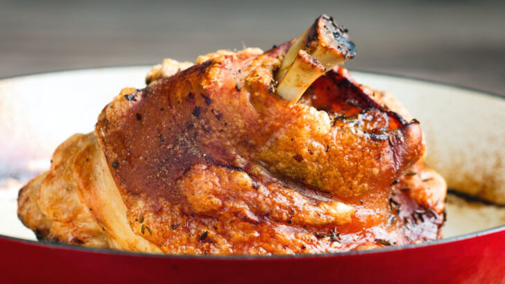 Crispy beer roasted pork knuckle or hock with incredible crackling.