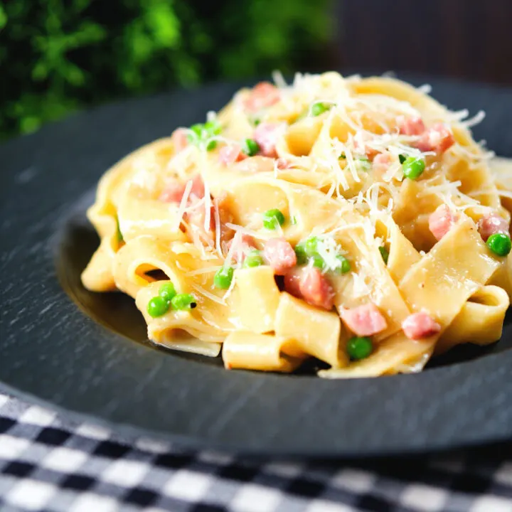 Smoked gammon steak pasta with peas in a creamy carbonara sauce.